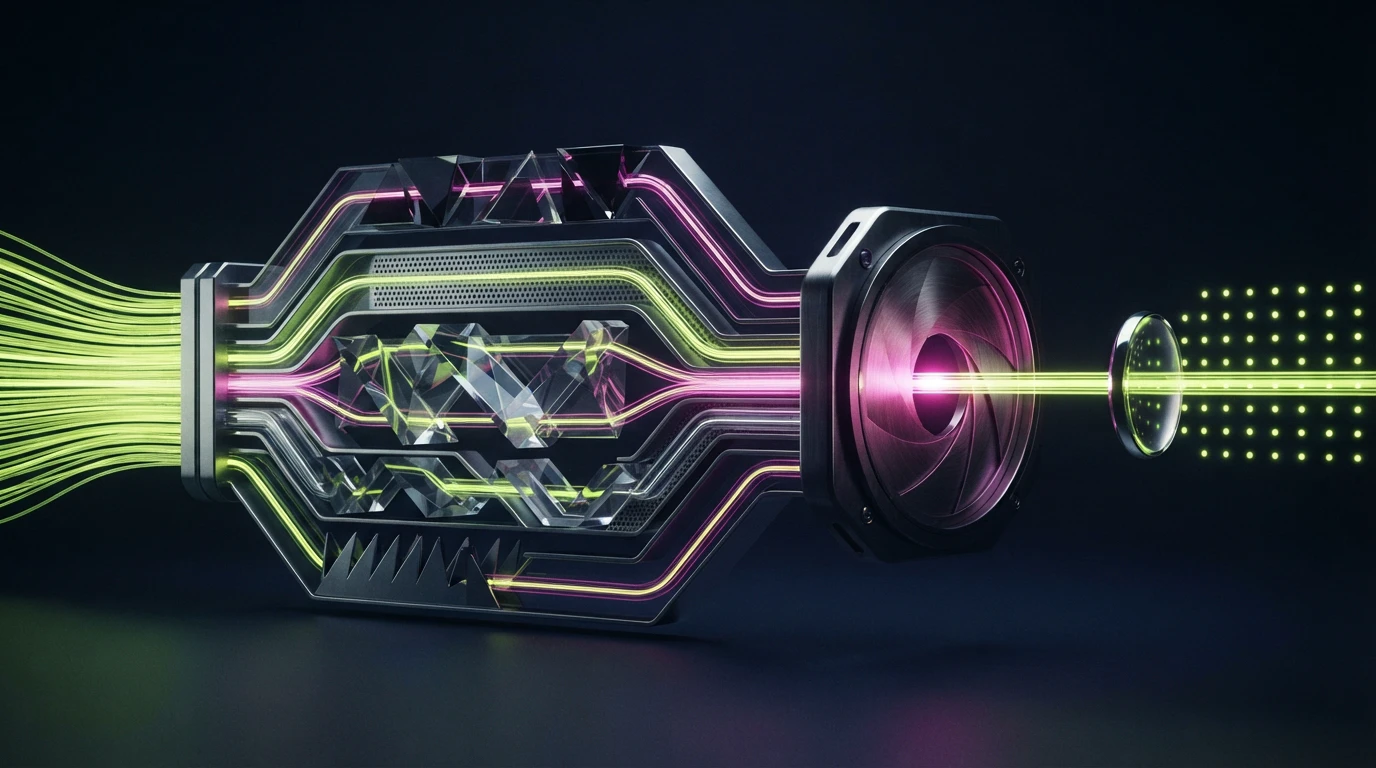 Abstract AI crypto trading signal pipeline passing through a mechanical risk-control gate