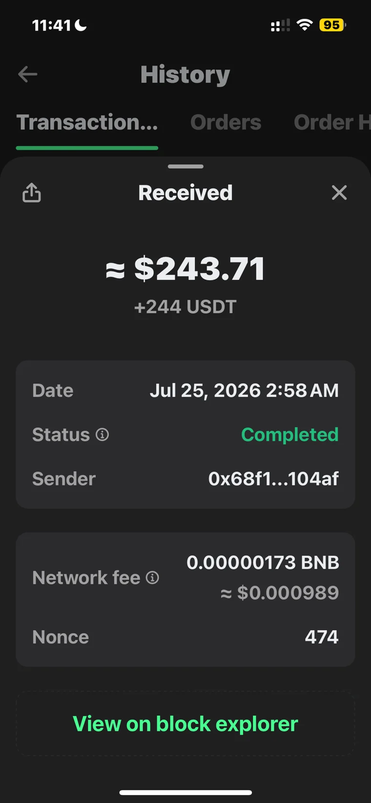 Wallet receipt showing 244 USDT received with completed status on July 25 2026